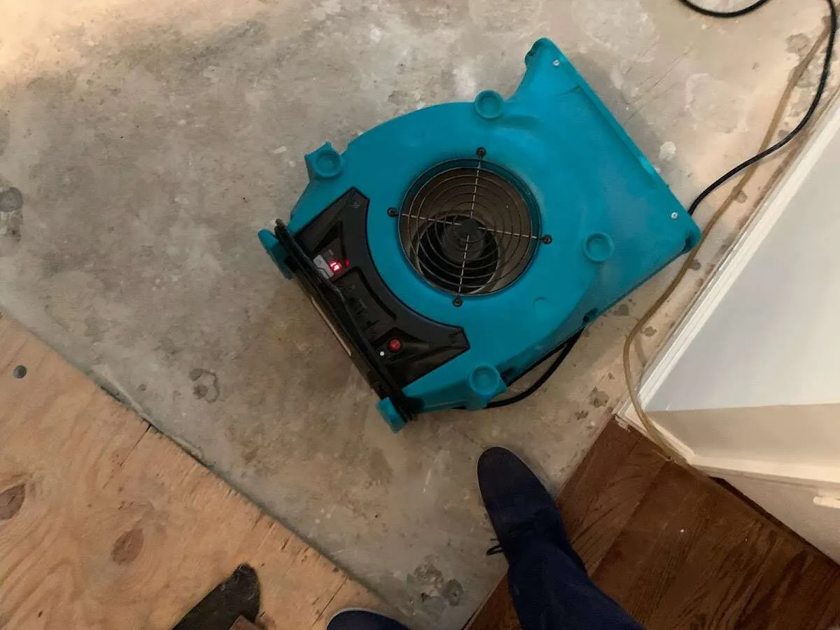 Air mover drying subfloor during Commercial Water Damage Restoration in Lincoln Park